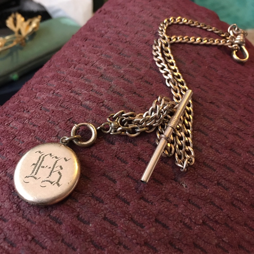 Antique watch fob locket chain with stones and one other etched